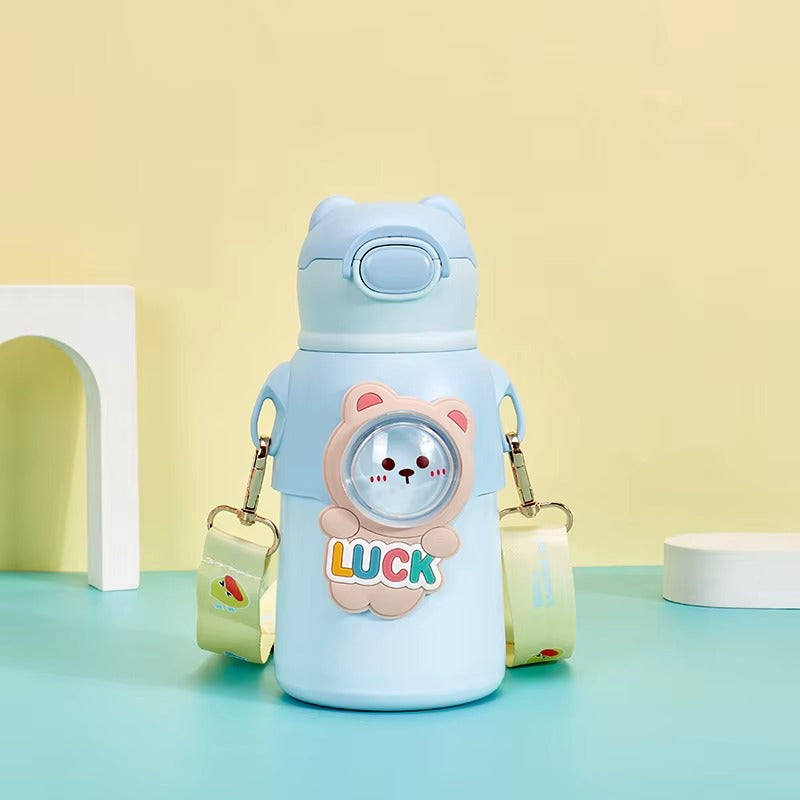 MOBCOS Cute Teddys Water Bottle with Straw, Stainless Steel Drinking Bottle with Straps Reusable Metal Water Bottle Leak Proof Vacuum Insulated Water Bottles for Girls and Boys Keep Hot and Cold (Blue)