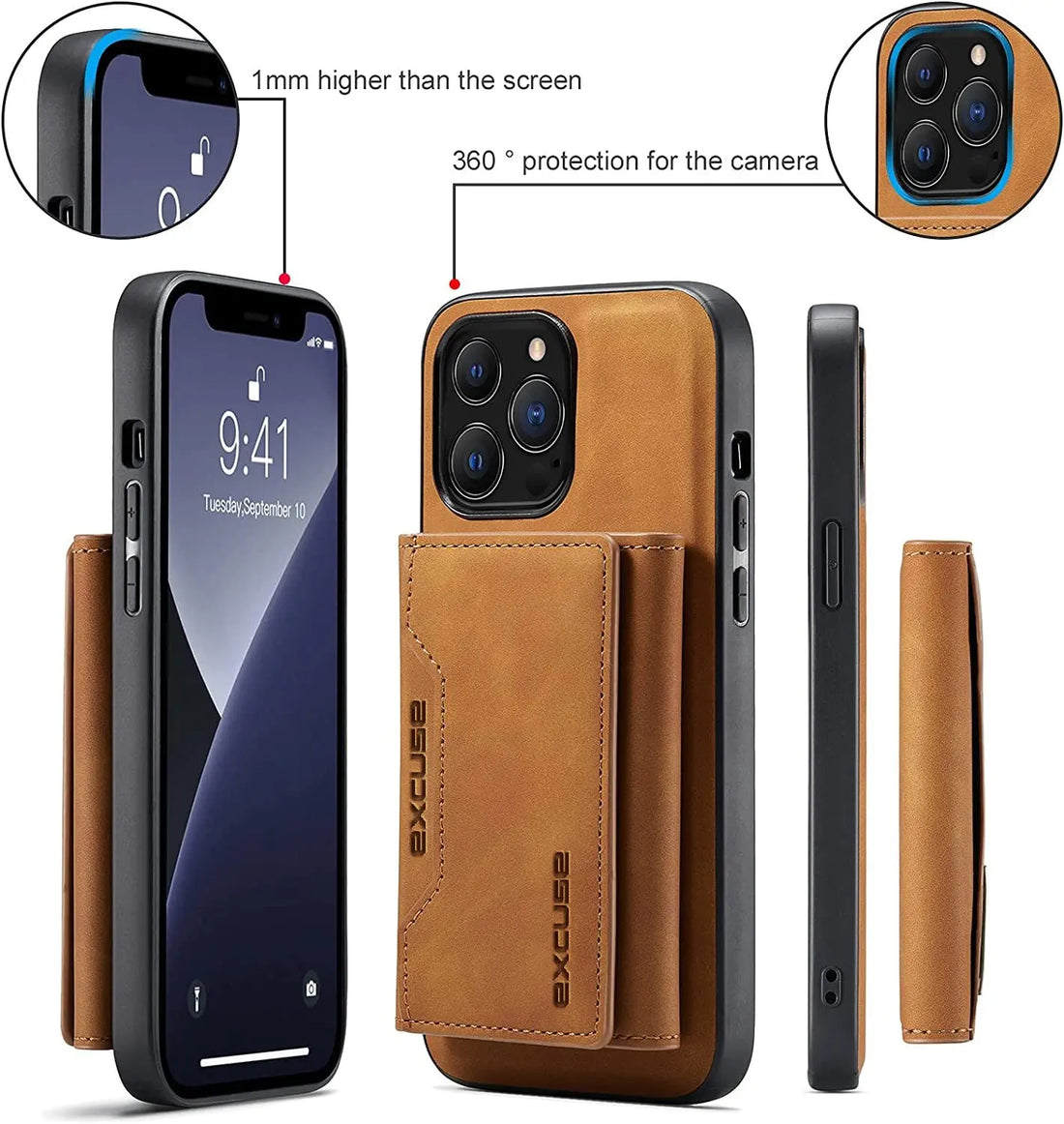 excuse Premium Leather Wallet Case for iPhone 13 Pro Max - Magnetic Detachable Back Cover with Trifold Card Holder in Rich Brown excuse