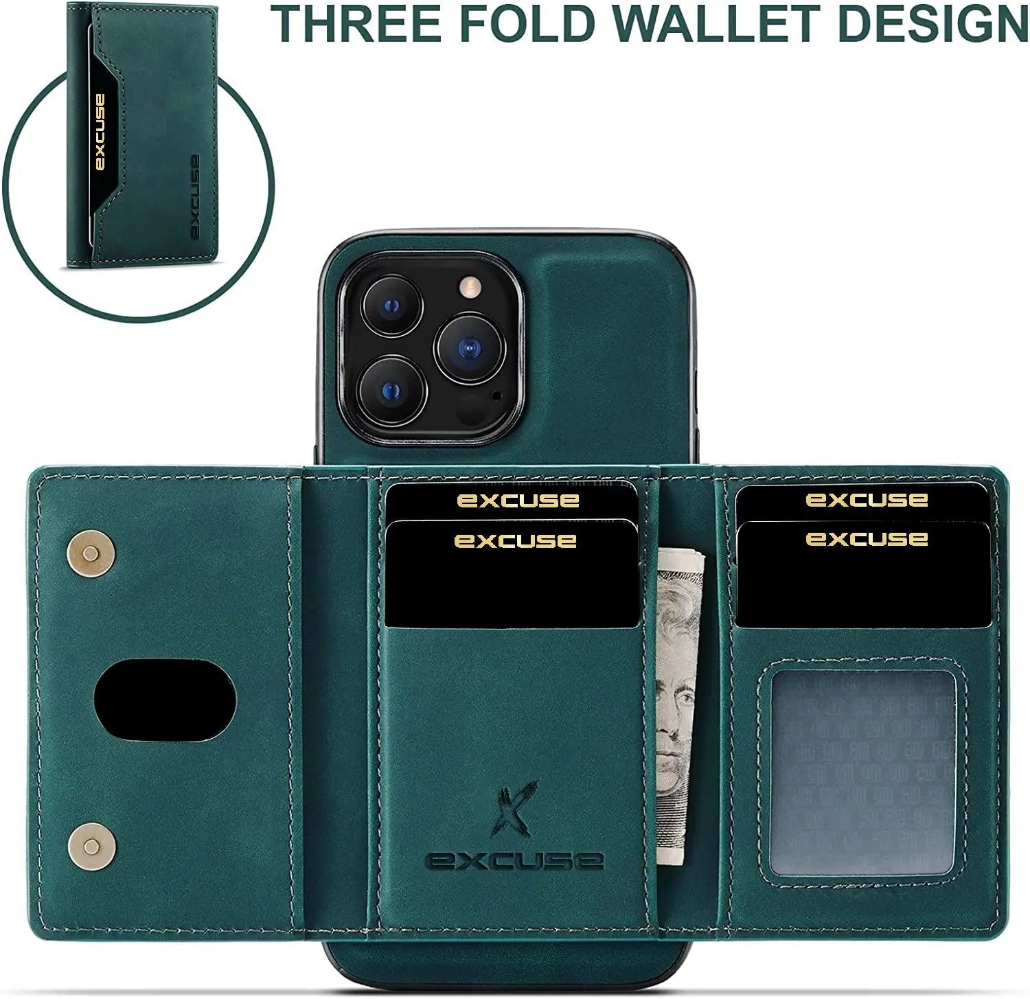 Wallet Case Compatible with iPhone 14 Pro Max, excuse Premium Leather Phone Case Back Cover Magnetic Detachable with Trifold Wallet Card Holder Pocket for iPhone 14 Pro Max 6.7 inch (Green) excuse