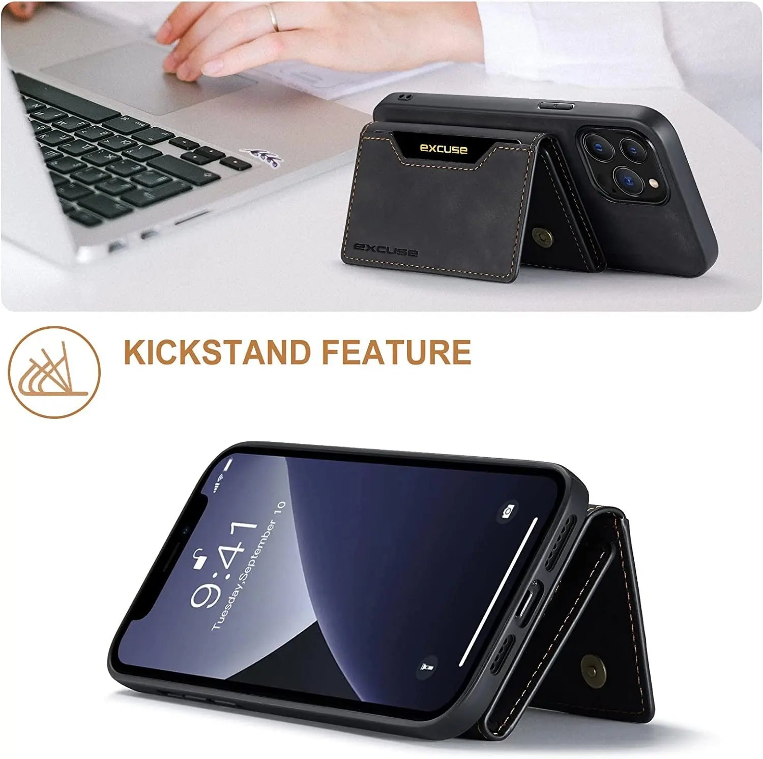 Excuse Premium Leather Wallet Case for iPhone 14 Pro Max - Magnetic Detachable Back Cover with Trifold Card Holder in Black excuse