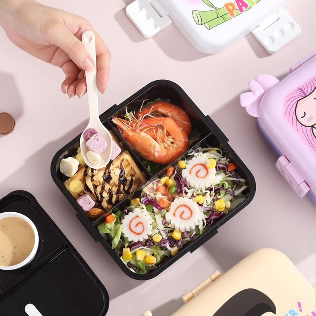 Mobcos Cute Panda Double Layer 3 Grids Tiffin Food Container – Stainless Steel Thermal Insulated Bento Lunch Box for Kids & Children (White) MOBCOS
