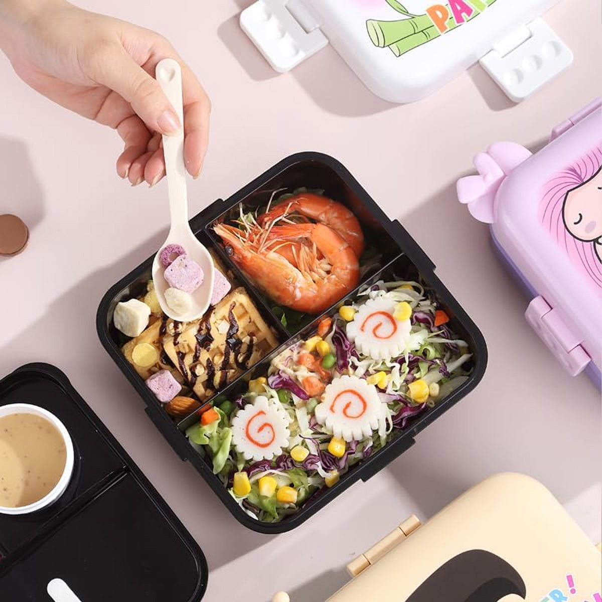 Mobcos Cute Panda Double Layer 3 Grids Tiffin Food Container – Stainless Steel Thermal Insulated Bento Lunch Box for Kids & Children (White) MOBCOS