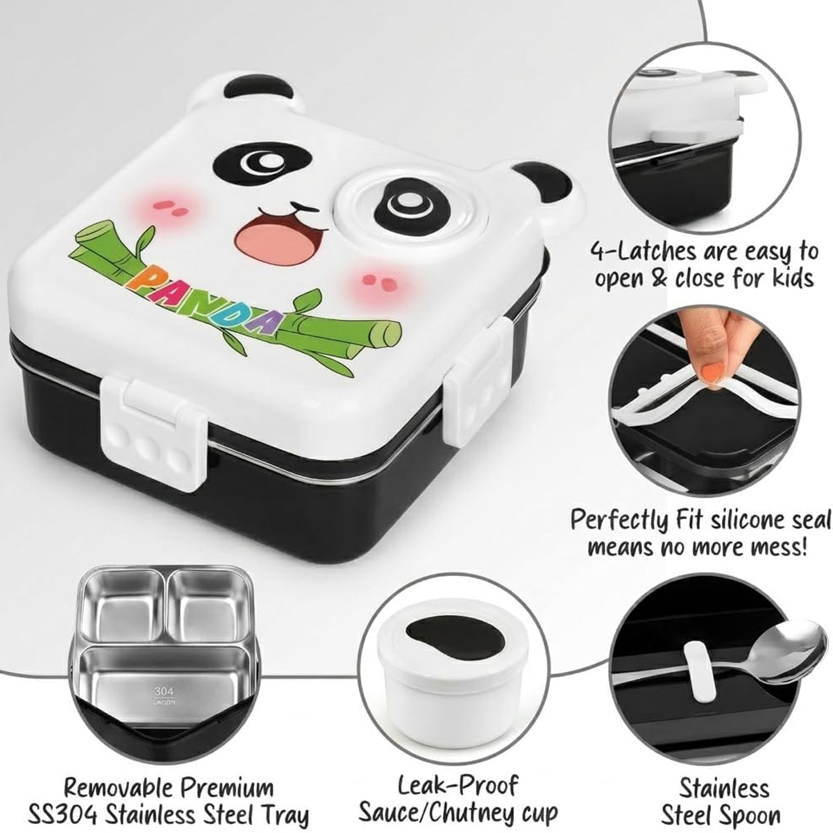 Mobcos Cute Panda Double Layer 3 Grids Tiffin Food Container – Stainless Steel Thermal Insulated Bento Lunch Box for Kids & Children (White) MOBCOS