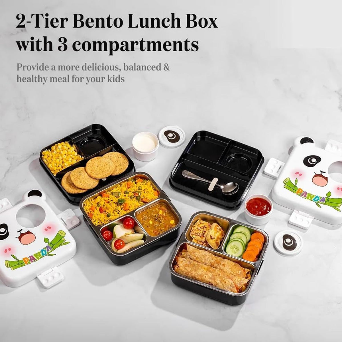 Mobcos Cute Panda Double Layer 3 Grids Tiffin Food Container – Stainless Steel Thermal Insulated Bento Lunch Box for Kids & Children (White) MOBCOS