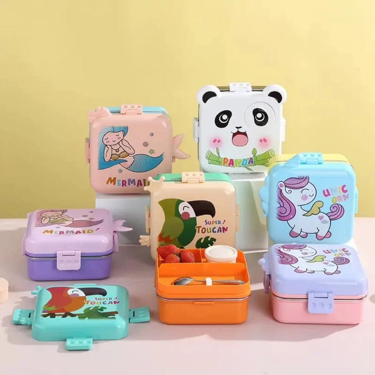 Mobcos Cute Panda Double Layer 3 Grids Tiffin Food Container – Stainless Steel Thermal Insulated Bento Lunch Box for Kids & Children (White) MOBCOS