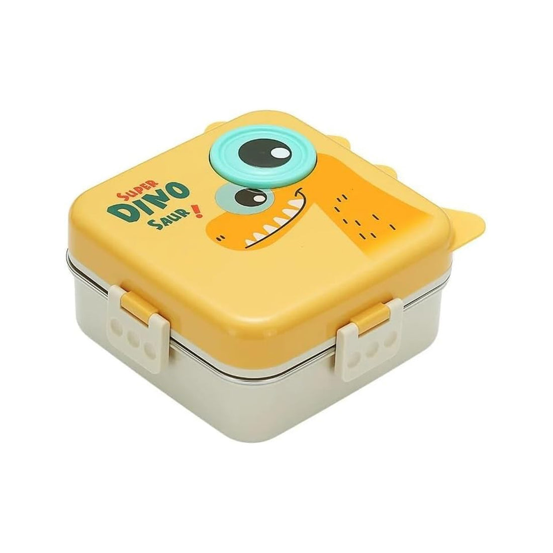 Mobcos Cute Dinosaur Double Layer 3 Grids Tiffin Food Container – Stainless Steel Thermal Insulated Bento Lunch Box for Kids & Children (Yellow) MOBCOS