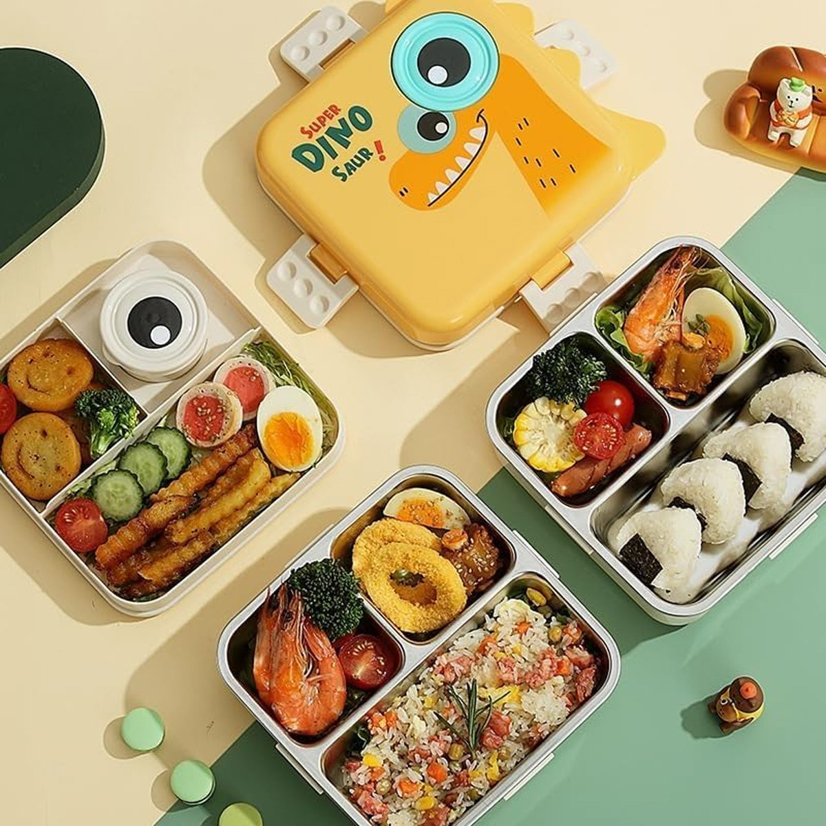 Mobcos Cute Dinosaur Double Layer 3 Grids Tiffin Food Container – Stainless Steel Thermal Insulated Bento Lunch Box for Kids & Children (Yellow) MOBCOS