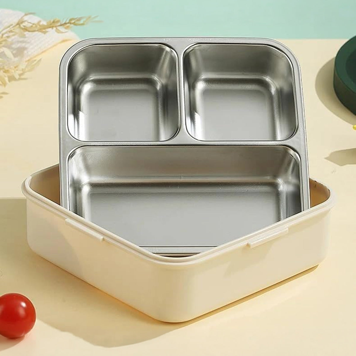 Mobcos Cute Dinosaur Double Layer 3 Grids Tiffin Food Container – Stainless Steel Thermal Insulated Bento Lunch Box for Kids & Children (Yellow) MOBCOS