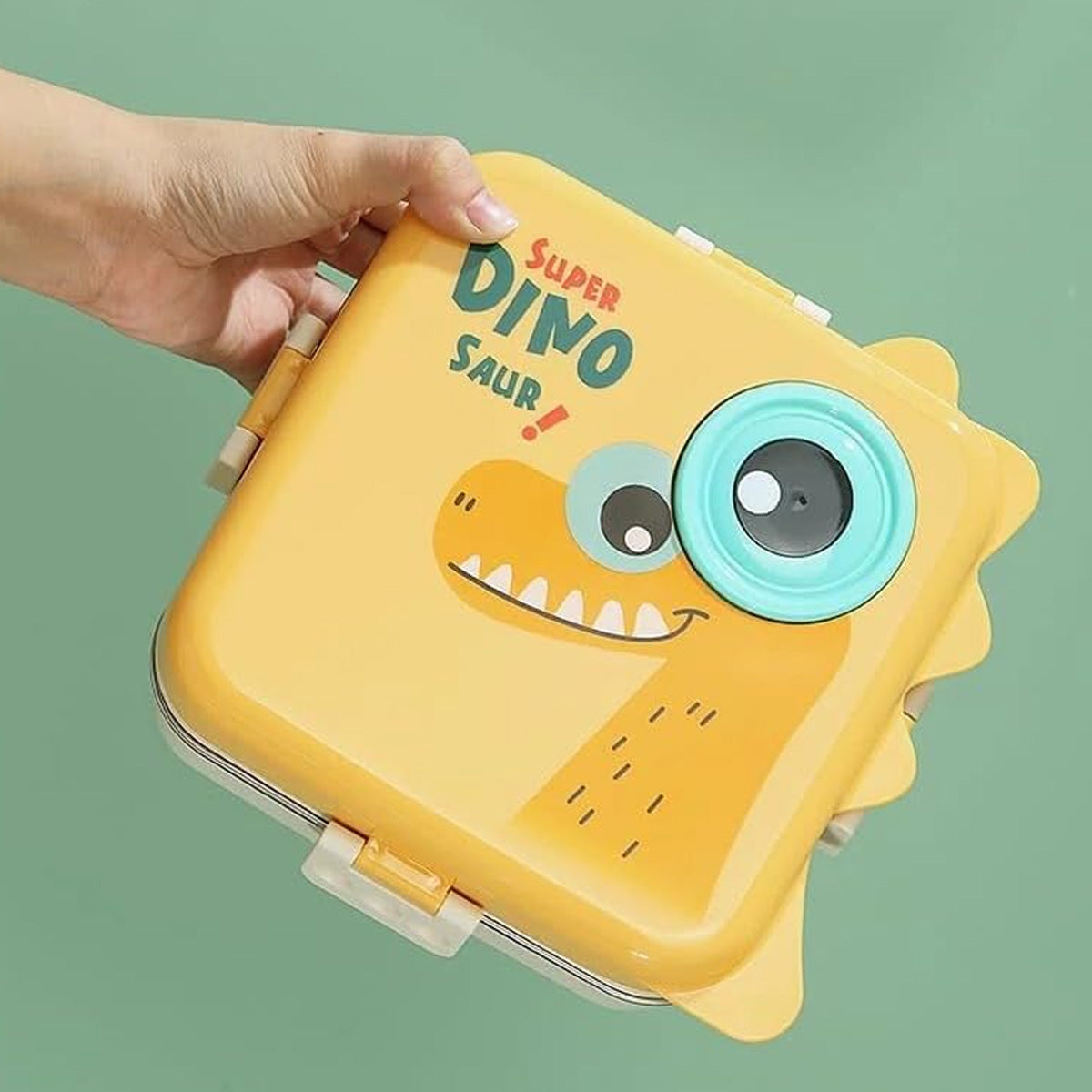 Mobcos Cute Dinosaur Double Layer 3 Grids Tiffin Food Container – Stainless Steel Thermal Insulated Bento Lunch Box for Kids & Children (Yellow) MOBCOS