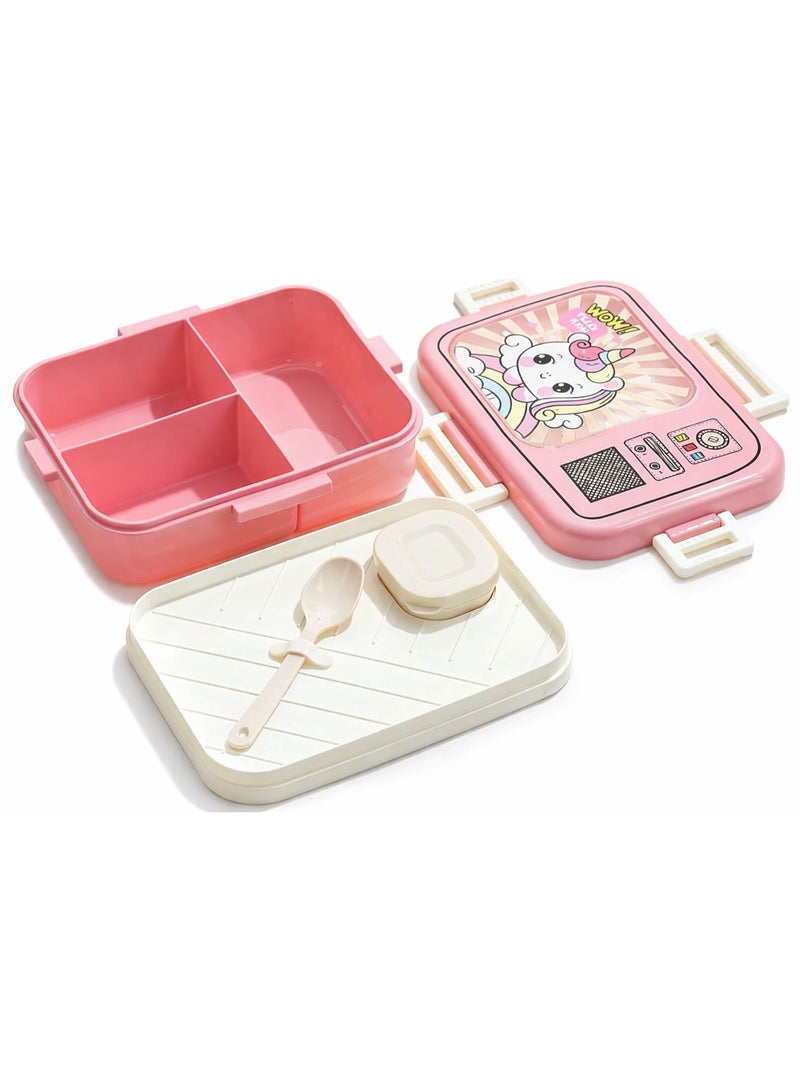 Mobcos Unicorn-Themed Pink Plastic Multi-Compartment Portable Kids Lunch Box with Secure Locking Lid for Fresh and Organized Meals Mobcos