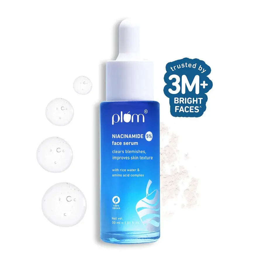 Plum 5% Niacinamide Serum for Face With Rice Water & Amino Acid Complex Clears Blemishes & Improves Skin Texture Brightens Skin (30 ml) - MOBCOS