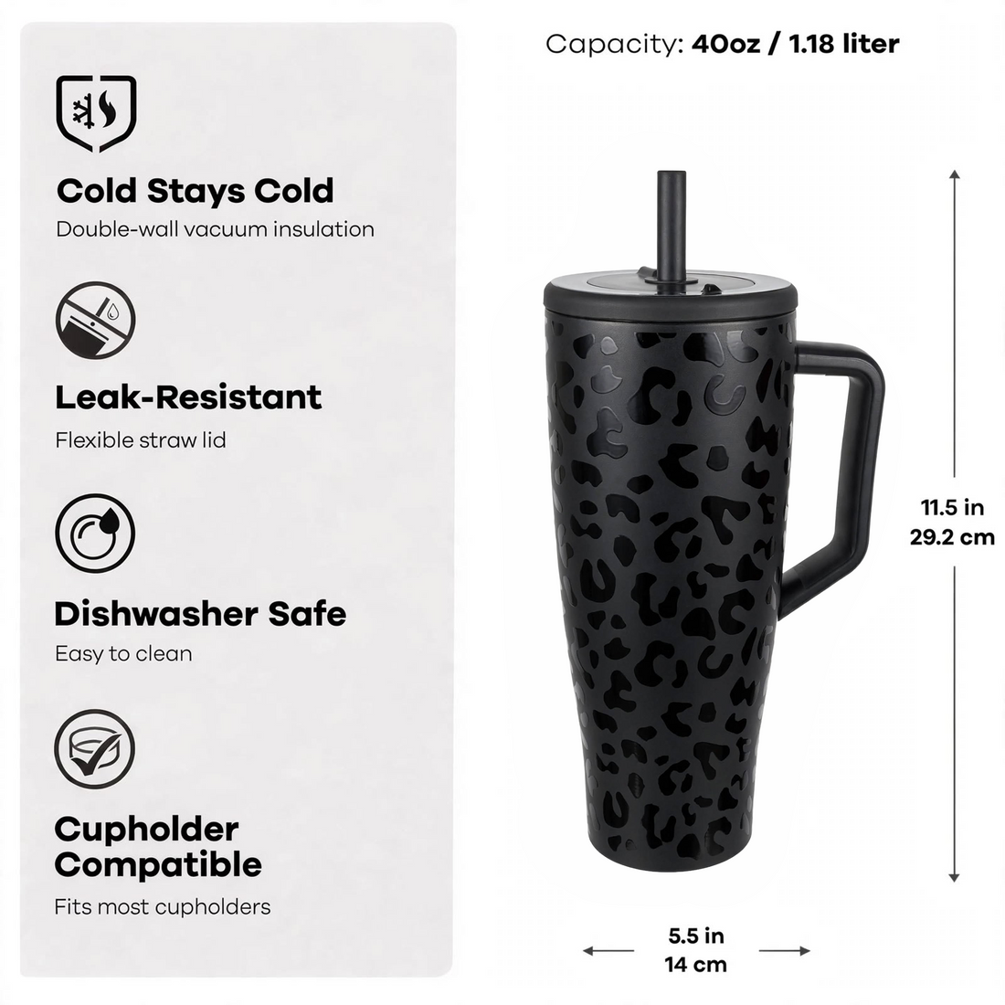 Insulated Tumbler with Handle | Straw Travel Cup 1.2L (Midnight Leopard)