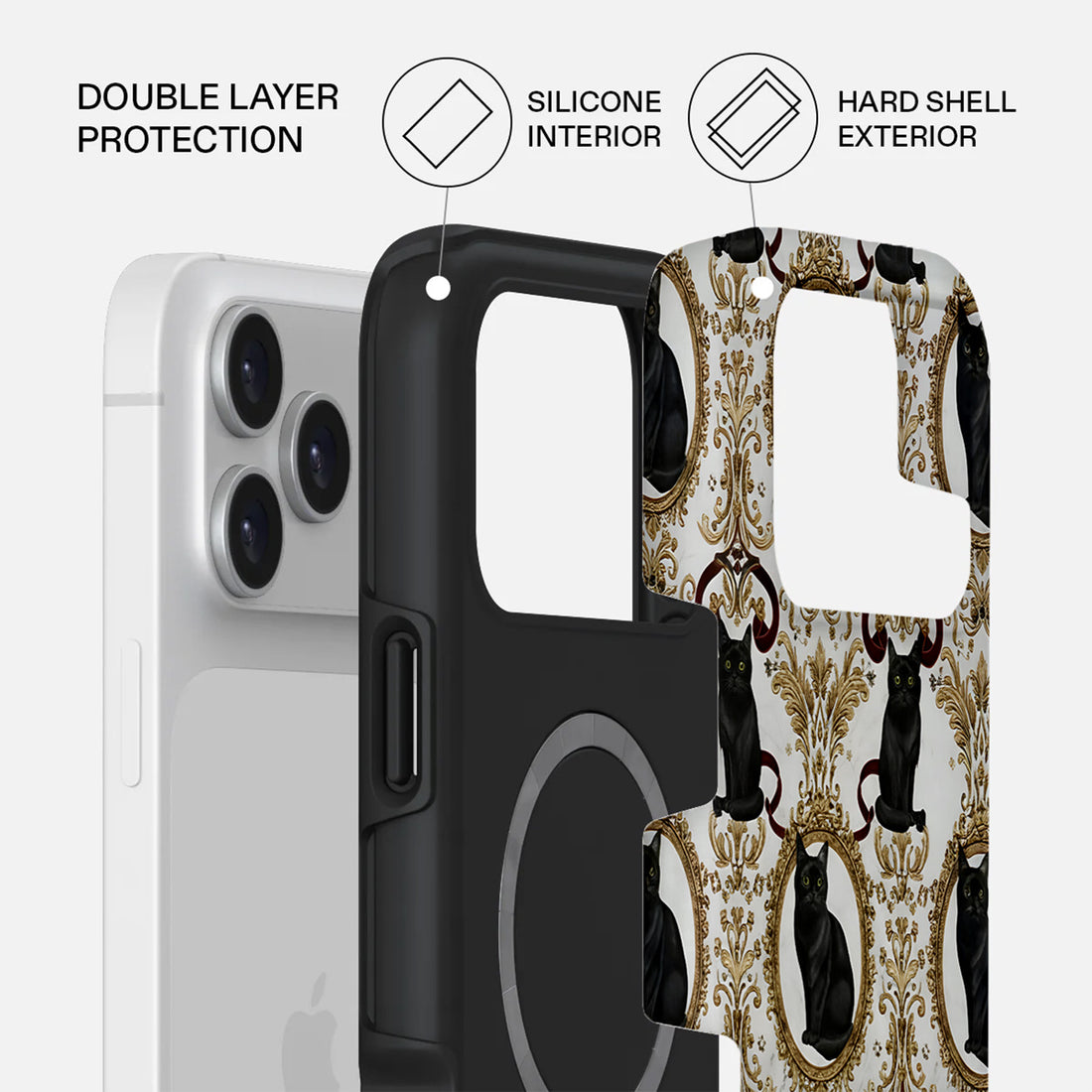 Mobcos iPhone 17 series Cat Filigree Premium Case Compatible with Hybrid Dual-Layer Hard Shell + Silicone Protection - Scratch-Resistant Shockproof Mobile Cover Mobcos