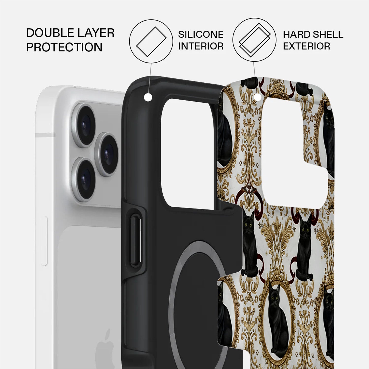 Mobcos iPhone 17 series Cat Filigree Premium Case Compatible with Hybrid Dual-Layer Hard Shell + Silicone Protection - Scratch-Resistant Shockproof Mobile Cover Mobcos