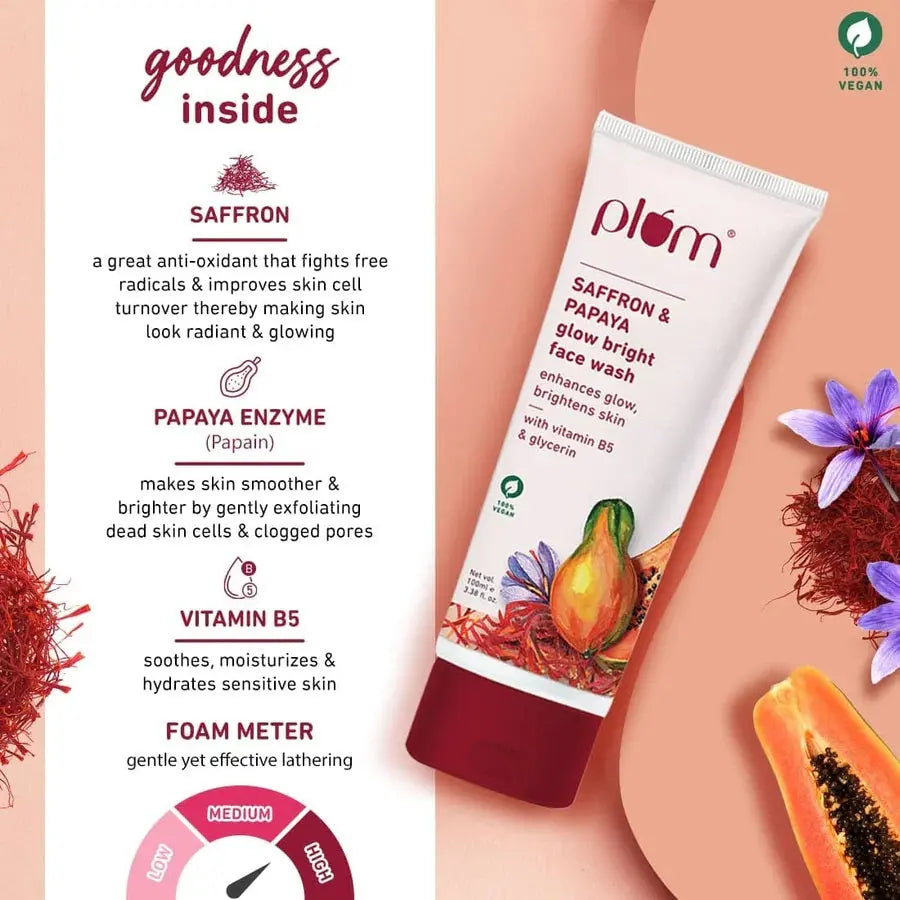 Plum Saffron & Papaya Glow Bright Face Wash With Vitamin B5 Non-Drying Gel-Based Sulphate-Free Face Wash For All Skin Types (100 ml) Plum