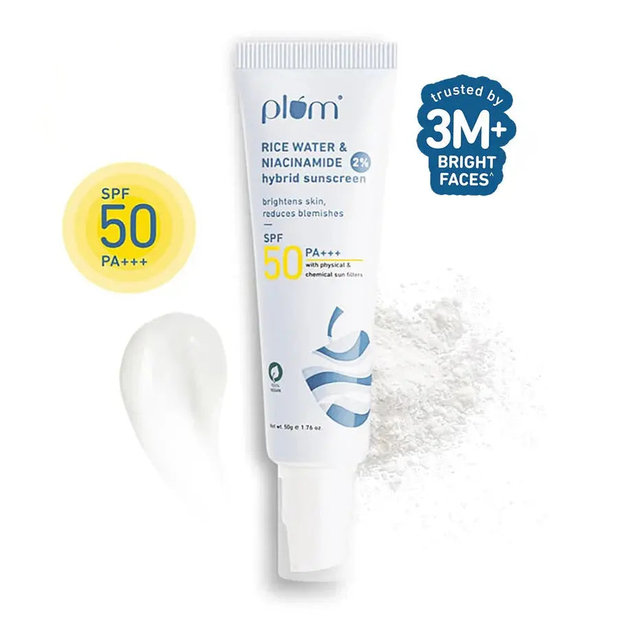 Plum Sunscreen SPF 50 Face with 2% Niacinamide & Rice Water Hybrid PA+++ Protects Skin No White Cast Reduces Blemishes Non-Greasy UVA & UVB Protection (50 g) Plum