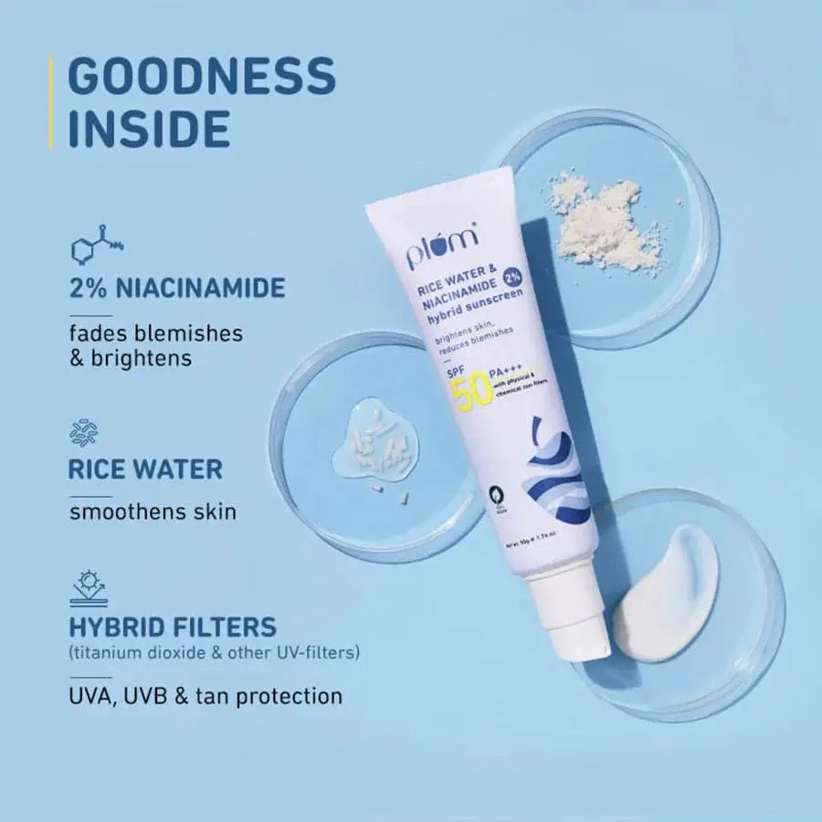 Plum Sunscreen SPF 50 Face with 2% Niacinamide & Rice Water Hybrid PA+++ Protects Skin No White Cast Reduces Blemishes Non-Greasy UVA & UVB Protection (50 g) Plum