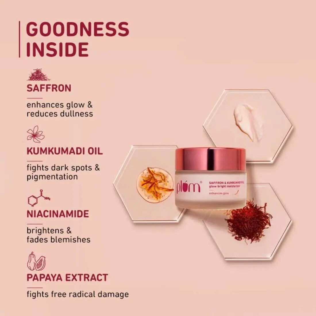 Plum Saffron & Kumkumadi Oil Glow Bright Moisturizer With SPF 35 Brightens Skin & Enhances Glow Fights Dark Spots & Dull Skin UVA & UVB Protection (50 g) - MOBCOS