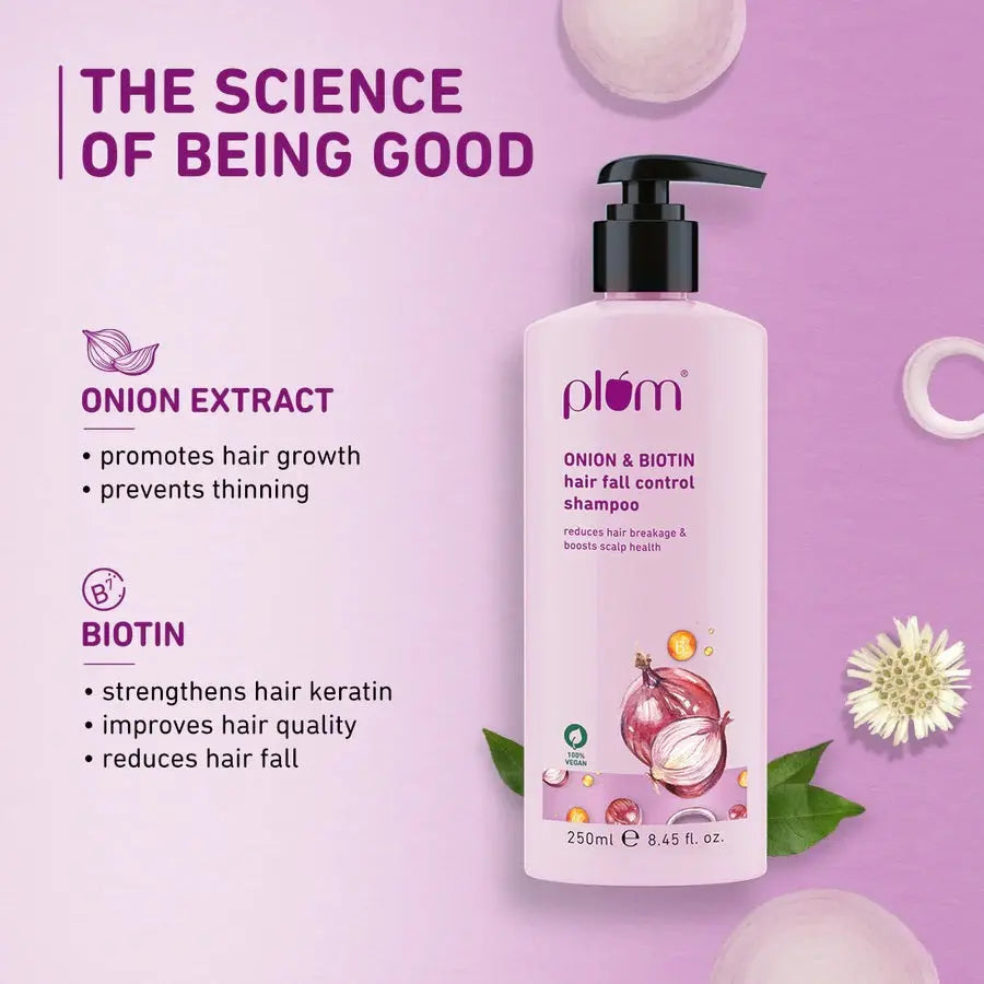 Plum Onion and Biotin Shampoo for Hairfall Control For All Hair Types Reduces Hair Breakage Boosts Scalp Health (250 ml) Plum