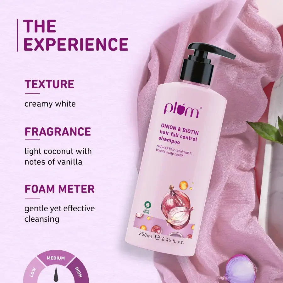 Plum Onion and Biotin Shampoo for Hairfall Control For All Hair Types Reduces Hair Breakage Boosts Scalp Health (250 ml) Plum