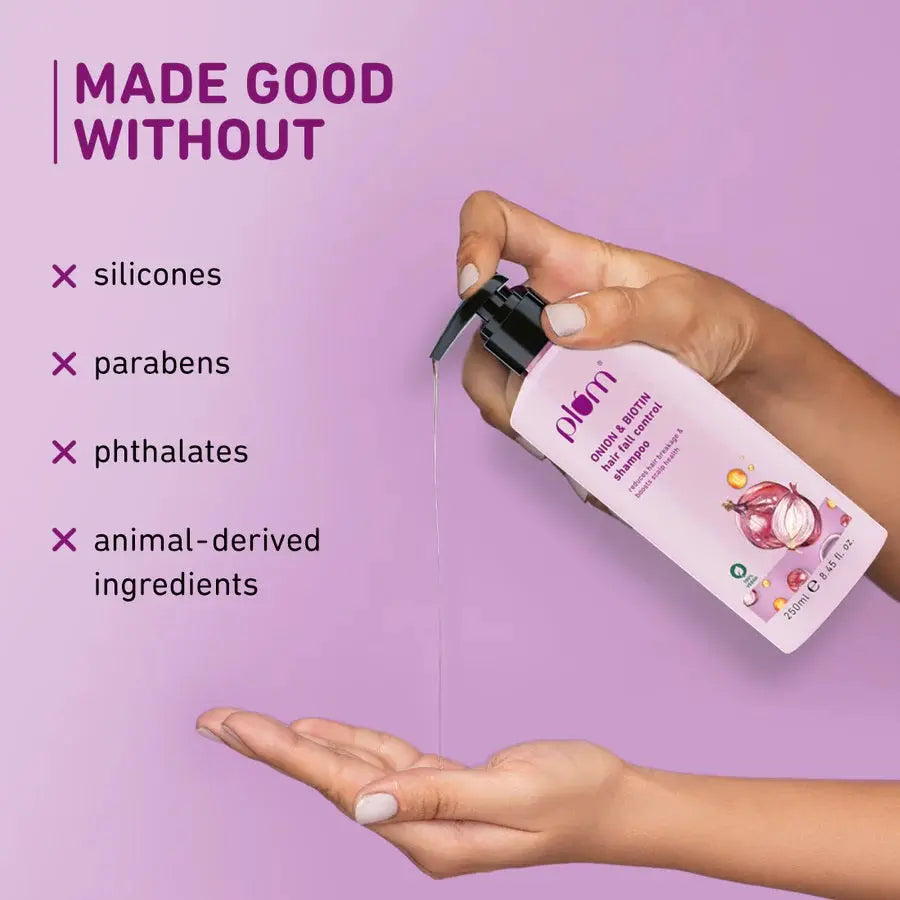 Plum Onion and Biotin Shampoo for Hairfall Control For All Hair Types Reduces Hair Breakage Boosts Scalp Health (250 ml) Plum